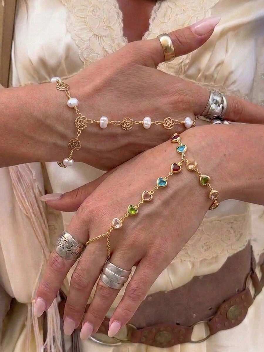 2pcs Fashionable Elegant Heart-Shaped Colorful Rhinestone Rose Pearl Finger Bracelet Set, Suitable For Daily Wear And Party, Perfect Gift For Lover And Mother - Multicolor - View 1