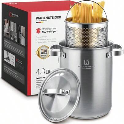 WAGENSTEIGER Olla Premium de Acero Inoxidable para Vaporizar Espárragos o Cocinar Pasta con Cesta Perforada, Tamaño Grande y Alto, Utensilio de Cocina Versátil, Base de 3 Capas (4.3 Litros/1.14