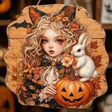 Halloween Vintage Rabbit & Girl Wooden Hanging Sign, American Country Style Pumpkin & Bat Decorative Craft - Multicolor - View 6