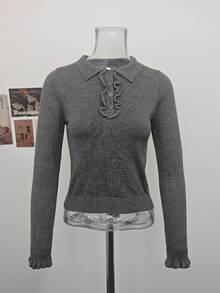 Sweater Rajut Lengan Panjang Kancing Kerah Polo Gaya Klasik untuk Wanita, Desain Musim Gugur/Dingin, Atasan Pelangsing - Grey - View 8