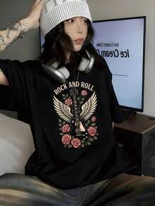 Music Festival Spring Summer Basic Tops Airy Comfort 100% Cotton Short Sleeve Tee Vintage Music Pattern Casual Daily Outfit Shirts - Black - View 3