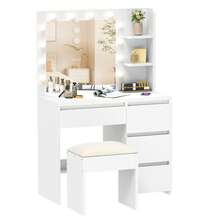 Yitahome White Vanity Desk With 12-LED Mirror & Stool, Makeup Table With Drawers And Open Shelves, Dimmable Dressing Table For Bedroom - White - View 7