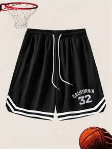 Men's American Style Patchwork Basketball Shorts, Summer Mesh Quick-Dry Loose Drawstring Athletic 4-Inch Shorts - Black - View 2