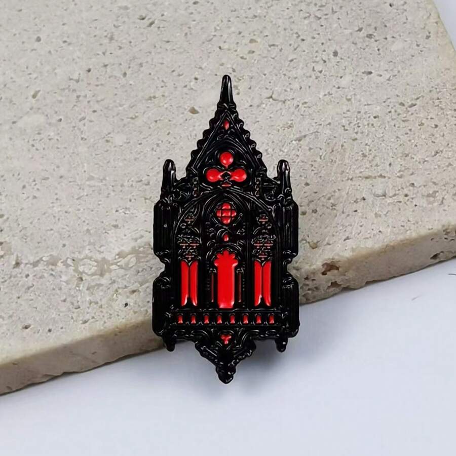 Gothic Cathedral Enamel Badge Black & Red Gothic Architecture Brooch Dark Vintage Religious Castle Pin Suitable For Coats Backpacks Gothic Style Gift