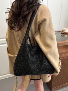 Vintage Leopard Print Tote Bag, Large Capacity Design, Durable & Scratch-Resistant, Shoulder Bag For Commuting, Versatile For Daily Outings - Black - View 2
