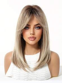 Topshe Ava WIGS 18英吋黑棕色長層次假髮附瀏海，柔軟易造型合成纖維髮，適合女性日常穿著、工作、度假，亦可作為萬聖節與聖誕節女性禮物 - 金色 - 查看 3