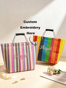 (Custom) Personalized Embroidered Minimalist Striped Canvas Tote Bag, Original Niche Versatile Commuter Large Capacity Handbag Shoulder Bag For Students - Multicolor - View 1