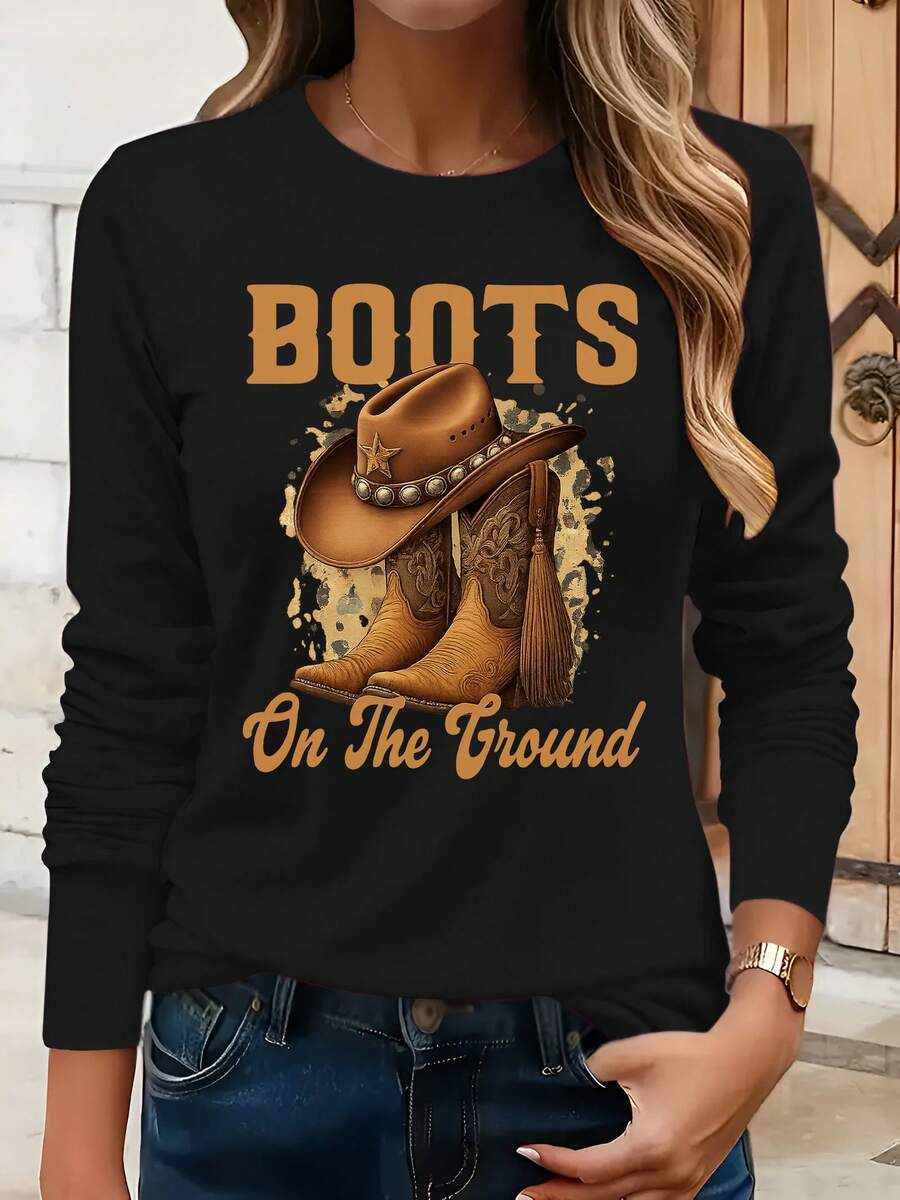 Cowboy Boot Print T-Shirt, Casual Vacation Crew Neck Base Shirt, Long-Sleeve T-Shirt Suitable For All Seasons, New Women's Clothing, Machine Washable - Black - View 1