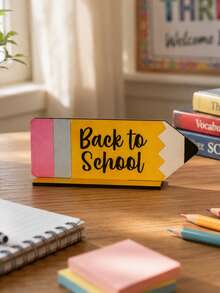 1 PC Back To School Season Pencil Shaped Desktop Plaque Cute And Bright Printed Desktop Ornament Suitable For Classroom, Study, Back To School Party, Indoor Desktop Display Decoration Gift - B - View 3