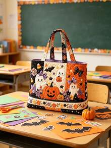 1pc Women's Halloween Tote Bag & Coin Purse Set - Large Capacity Crossbody Bag, Storage Bag, Organizer Bag, Women's Beach Bag, Also Can Be Used As Makeup Bag, Laundry Basket, Cute Pumpkin & Bat Print, Machine Washable & Reusable Tote Bag, Suitable For Travel, Shopping, Daily Use, Holiday Essential, Travel Essential, Gift Essential - View 6