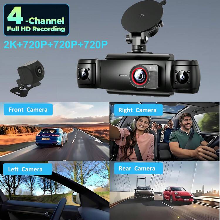 360° View 4 Channel 2K Dash Cam, Dash Camera For Cars Front And Rear Inside Left Right,FHD DVR Car Dashboard Camera With Loop Recording,3 Inch Display,Not Included SD Card - Dash Cam Y18 - View 2