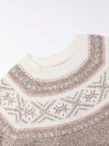 Sweater Rajut Wanita Nyaman untuk Musim Gugur/Dingin, Motif Vintage, Pullover Wol Lengan Panjang Rajut Bergaris, Dihiasi dengan Motif Fair Isle, Kain Elastis Sedang - kartu cahaya - View 3