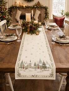 1pc Cream Winter Village Christmas Table Runner, Vintage Linen Rectangular Snow House Pine Tree Snowflake Star Moon Holly Berry Print Tablecloth, Suitable For Dining Table, Kitchen, Buffet, Christmas Dinner, Holiday Party And Winter Home Decor - Multicolor - View 4