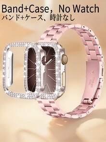 適用於 Ultra 3/2/1 SE/S10/S9/S8/S7/S6/S5/S4/S3/S2/S1，粉色 14mm 窄版時尚年輕女性風格粉色金屬錶帶與 2 合 1 錶殼膜一體式保護殼，防撞防刮防塵保護套，粉色不鏽鋼智慧手錶錶帶 38mm 40mm 41mm 44mm 45mm 46mm，派對、夏季海灘活動、日常、婚禮，男女通用配件，送給朋友的禮物，夏季不鏽鋼飾品 - 粉色 - 查看 6