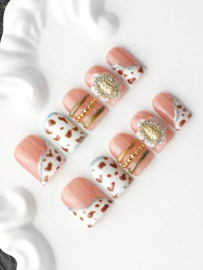 10pcs 100% Handmade Press On Nails, Short Square Fake Nails, Blush Pink Cow Print French Tips, Gold Sun Charms, Silver Glitter, Multi-Layer Gel, Reusable Removable, Tool Kit Included, Y2K Nails For Daily Wear Party Vacation, Gift For Women