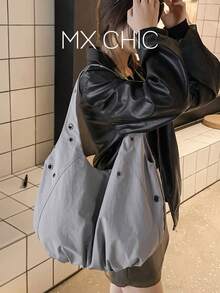 1件女款拼色尼龍肩背托特包，時尚大容量，配五星裝飾，適合購物、度假與旅行 - 灰色 - 查看 1