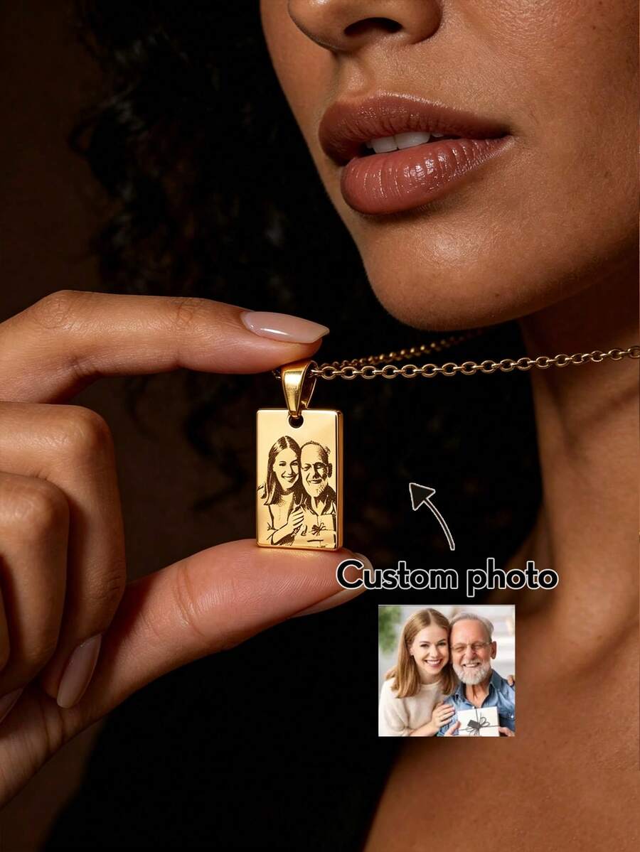 1pc Customized Photo Engraved Necklace - Inlaid With Lifelike Photo, Mother's Day Customized Necklace - Christmas Gift For Mom, Fashionable Stainless Steel Photo Frame Pendant For Women Personalized Customized Pendant Photo Picture, Couple Photo, Family Photo, Travel Souvenir Customized Necklace - Multicolor - View 1
