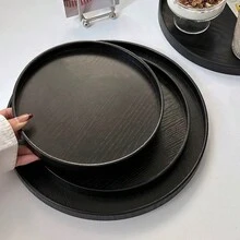 1件圓形竹製高級托盤，適用於食物、零食、飲料、壽司、牛排、披薩、甜點、蛋糕、麵包、早餐、咖啡、茶、拼盤 - 黑色 - 查看 4