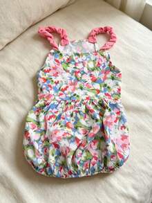 1pc Vintage Pink Floral Print Pet Dress, Ruffle Elastic Shoulder Strap Cute Dog Dress, Lightweight And Soft, Suitable For Bichon, Teddy, Schnauzer Small Dogs, Sweet Daily Walk Party Pet Outfit, With Ruched Hem Design - Multicolor - View 11