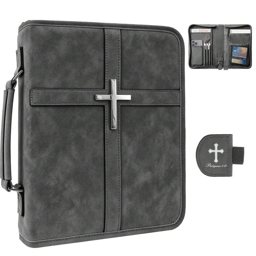 Vegan Leather Bible Cover Case, Bible Bag With Phone Pocket, Bible Case For Men Women, Christian Gift Box Packaging (Black And Brown) - Black - View 1