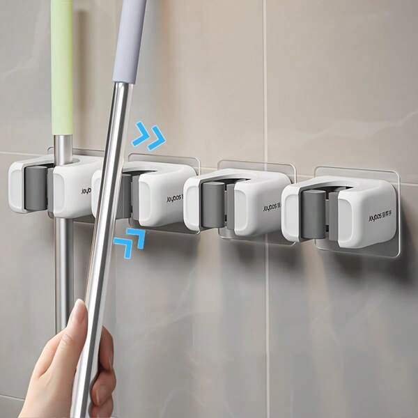 Juego de 3 piezas de soporte para fregona y escoba montado en la pared sin taladro, clip de almacenamiento de fregona de plástico resistente y gancho para escoba, almacenamiento vertical que ahorra espacio, adecuado para el hogar, la cocina, gancho multiusos