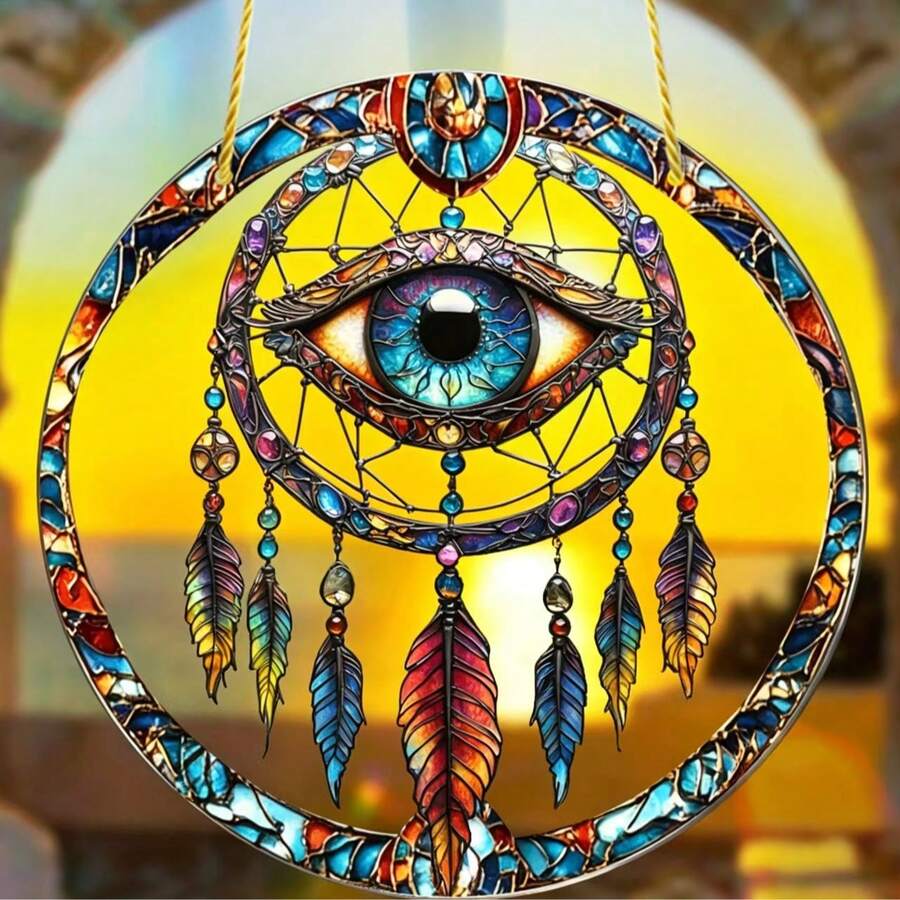 Evil Eye Painted Glass Dream Catcher Hanging Decor, Acrylic Balcony & Car Window Hanging Ornament - Multicolor - View 1