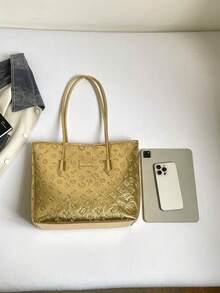 女款壓紋托特包，手提包兼肩背包，適合日常通勤、購物與休閒使用 - 金色 - 查看 7