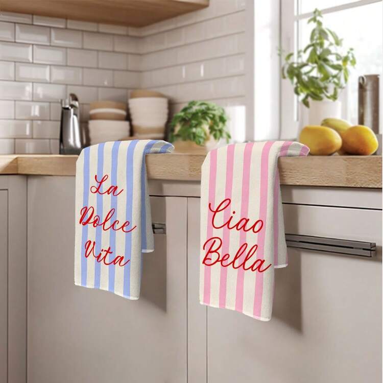 2pcs Striped Italian Illustration Pattern Kitchen Towels, Rectangular Microfiber Kitchen Towels, Dish Cloths, Scrubbers, Hand Towels, Cooking Baking Tea Towels, Kitchen Decor, Housewarming Gift, Birthday Gift, Bathroom Cleaning Wipes, Decorative Towels - Pink - View 10