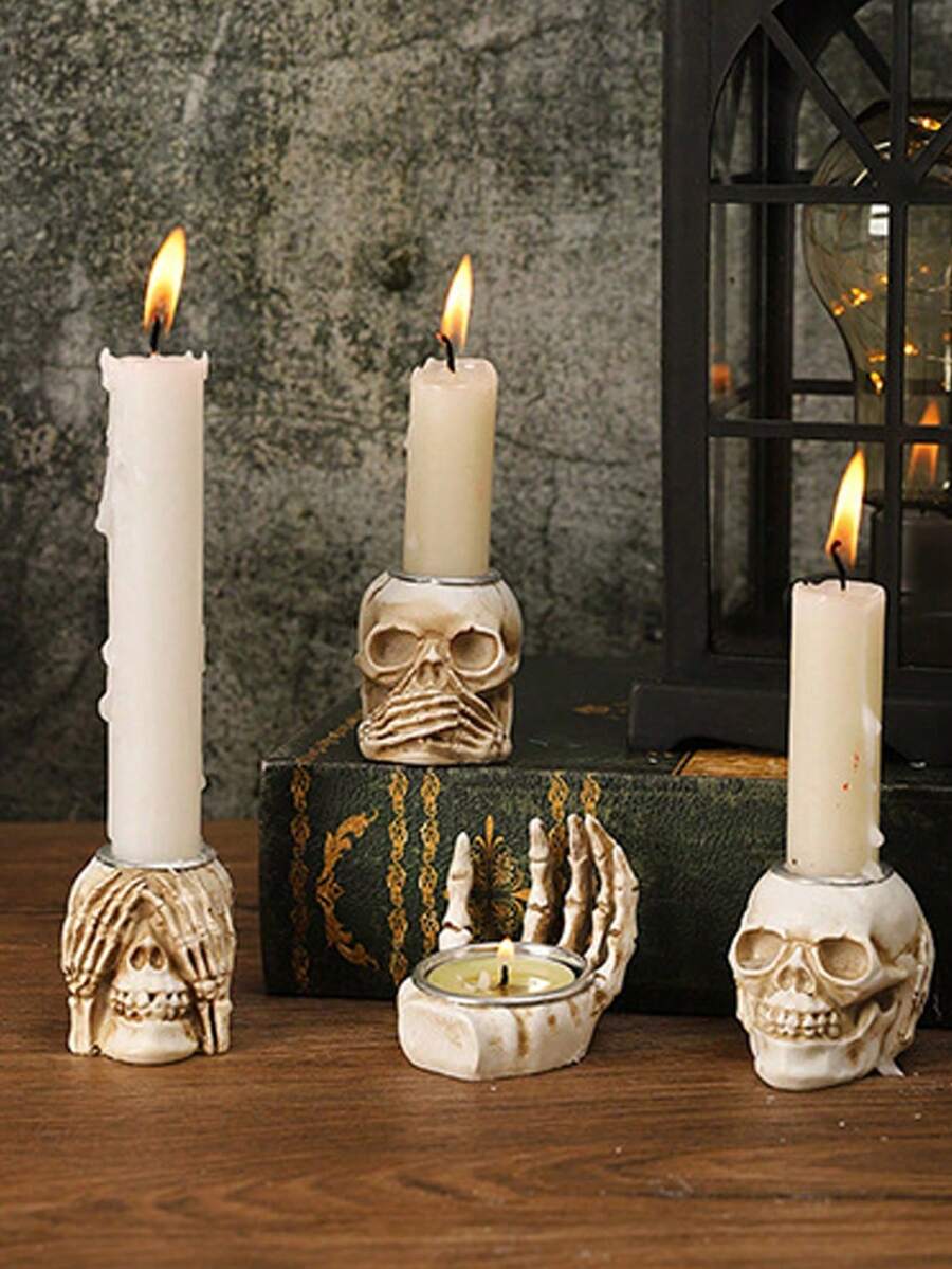 3pcs Halloween Skeleton Hand Candle Holder, Eerie Decor, Suitable For Halloween, Escape Room, Puzzle Games, Movie Props, Create Holiday Atmosphere, Tabletop Decoration, Candle And Aromatherapy Base - Skull Candle Holder - View 1