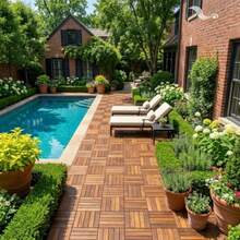 Acacia 12x12 Interlocking Wood Deck Tiles For Balcony, Garden, Patio, Poolside Decor - Waterproof Indoor And Outdoor Flooring - 12 Slats, Round Joints, Pack Of 10 - Natural - View 4