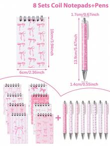 1/4/8pcs White And Pink Bow Notebook & Diary Set, Cute Bow Pocket Notebook (10cm) And Pen (14cm) Set, Bow Theme Party Gift, Birth, First Day Of School - Pink - View 12