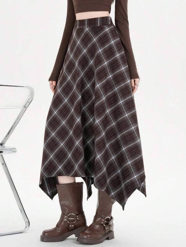 Women's Elegant Plaid Asymmetric Long Skirt, Zipper Design, Fashionable Knitted Fabric, Autumn/Winter Essential
