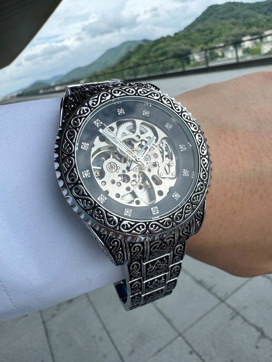 T-WINNER 1pc Men's Classic Vintage Carved Hollow Automatic Mechanical Watch With Rotating Bezel, Luminous Hands, Rhinestone Decorated Dial, Luxury Stainless Steel Band, Business Casual Wristwatch