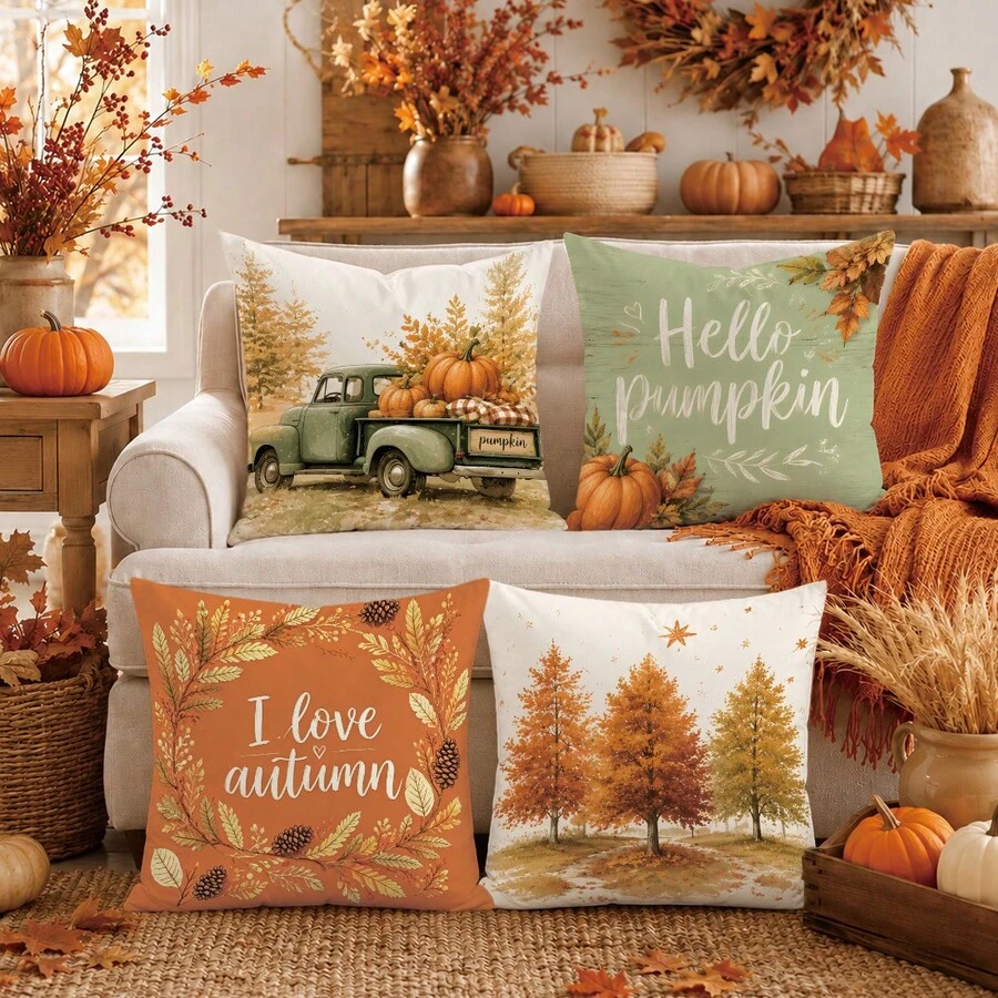 Autumn Forest Truck Pumpkin Cushion Cover 4-Piece Set, Single-Sided Printed Peach Skin Velvet Polyester Material, 45*45CM Pillow Covers For Modern Fabric Sofa Indoor Decor, Party Decoration, Gift Giving - Multicolor - View 1