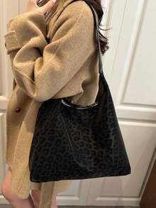 Vintage Leopard Print Tote Bag, Large Capacity Design, Durable & Scratch-Resistant, Shoulder Bag For Commuting, Versatile For Daily Outings - Black - View 5