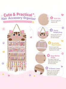 1pc Yellow Tabby Cat Shaped Hanging Storage Bag, Multi-Functional Hair Accessory Organizer, Can Store Hair Clips, Hair Ties And Glasses, Combines Hanging Storage Box And Storage Bag Functions, Suitable For Room Decor, Home Decor, Wardrobe And Dormitory - Yellow - View 5