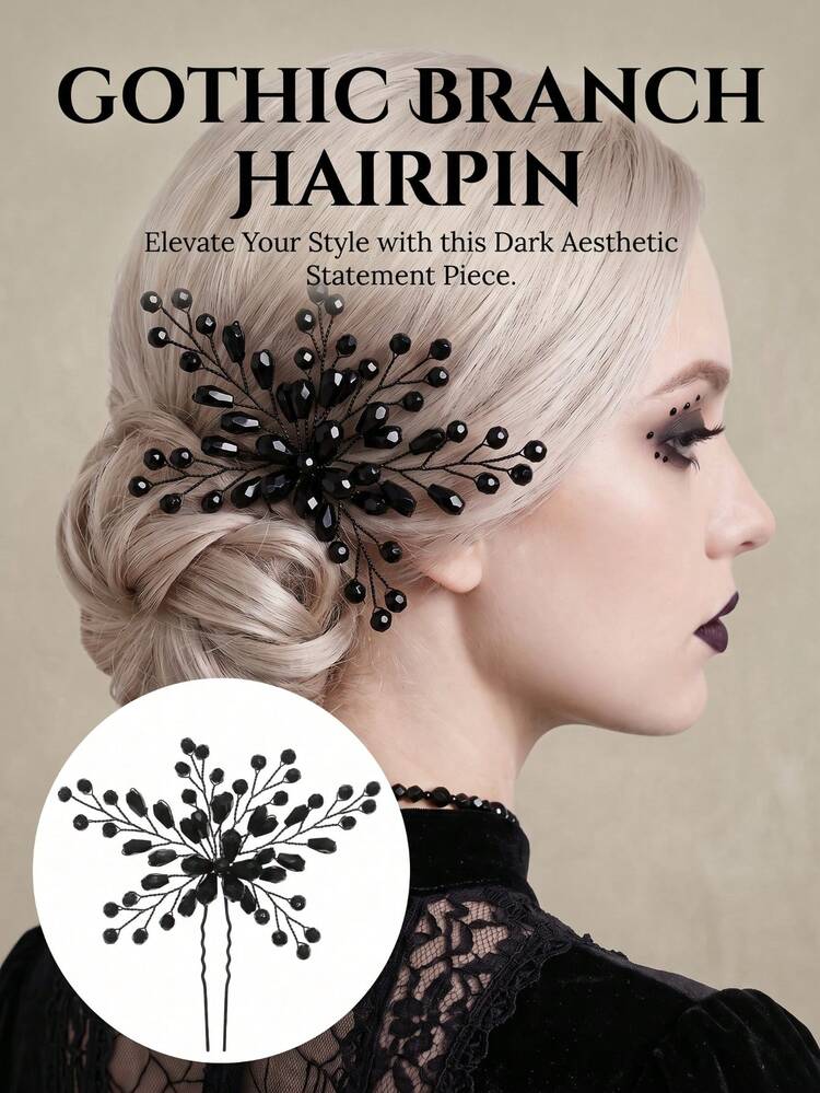 1/2/3pcs Halloween Gothic Dark Style Hair Accessories, Black Faceted Rhinestone Handmade Twisted Vine U-Shaped Hair Stick, Party Ball Cosplay Unique Headpiece Hair Clip - Black - View 2