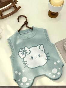 WUHUANG YIYI Baby Girl/S Cute Cartoon Cat Face Graphic Hem Design Knitted Sweater Vest, Suitable For Autumn/Winter - الأزرق - مشاهدة 2