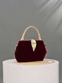 1pc Burgundy Velvet Metal Leaf Evening Clutch, Luxury Bamboo Joint Rhinestone Handle Handbag, Wedding Bride Toasting Bag, Banquet Dress Cheongsam High-End Crossbody Chain Small Bag - Burgundy - View 2