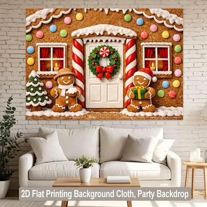 1 pieza Pancarta de Casa de Jengibre Navideña, Decoración de Fiesta Navideña, Decoración del Hogar Navideña, Tela de Poliéster, Adecuada para Nochebuena, Fondo de Fotografía, Interior/Exterior, Patio, Decoración de Habitación