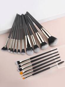 ronshadow Conjunto de 16 Pincéis de Maquiagem Preto & Prata, Pincel de Pó Redondo Grande, Base, Blush, Iluminador em Leque, Pincéis de Sombra Multitamanho, Corretivo, Pincéis de Sobrancelha, Cerdas Macias Amigáveis à Pele, Kit Completo de Ferramentas de Maquiagem de Base & Cor para Iniciantes, Uso Diário e Encontros - Preto - Visão 2