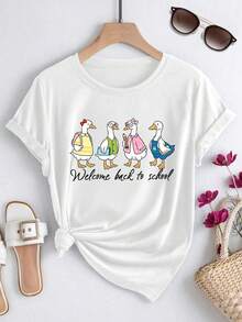Plus Size Women'S Summer Short Sleeve, Casual Four Ducks Welcome Back To Hand Letter Print, Spring Summer Autumn Round Neck T-Shirt, Fashion Loose Cas - White - View 6