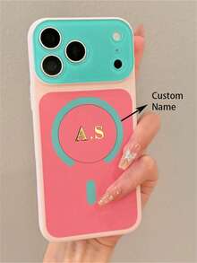 [Custom] Personalized Custom Letter Gold Custom Name Minimalist Color Block Pattern Phone Case Compatible With IPhone 17 Pro Max 17 16 15 14 13 12 Pro Max Shockproof Protective Shell - Pink - View 1