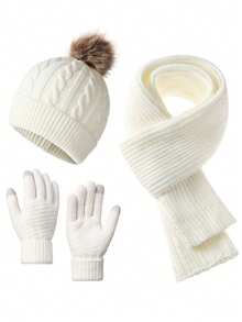 3pcs Winter 2025 New Women's Thermal Lined Cable Knit Pom Pom Hat & Scarf Set, Outdoor Cycling Warm 3 Pieces Set Unisex Solid Color - Multicolor - View 1