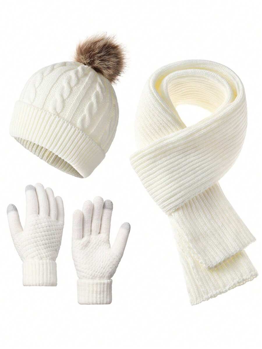 3pcs Winter 2025 New Women's Thermal Lined Cable Knit Pom Pom Hat & Scarf Set, Outdoor Cycling Warm 3 Pieces Set Unisex Solid Color - Multicolor - View 1