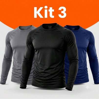 Kit 3 Camisetas Manga Longa Masculina Térmica Confortável Leve Respirável Microfibra