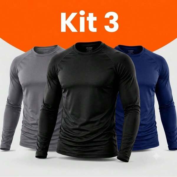 Kit 3 Camisetas Manga Longa Masculina Térmica Confortável Leve Respirável Microfibra