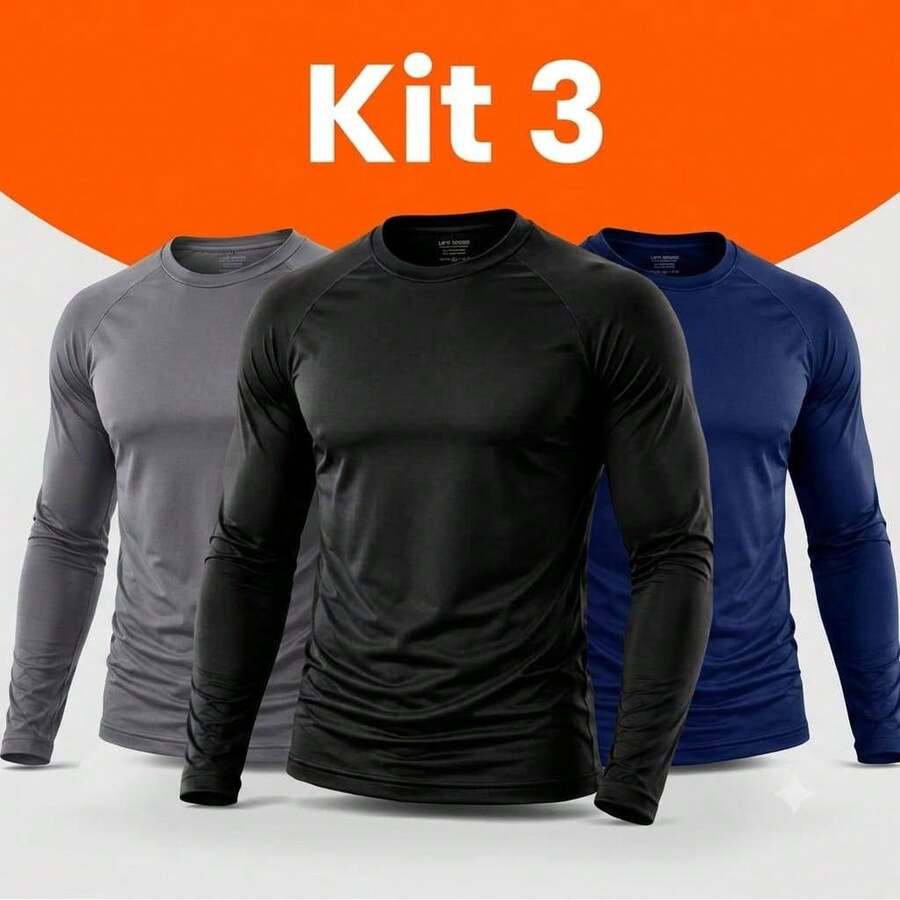 Kit 3 Camisetas Manga Longa Masculina Térmica Confortável Leve Respirável Microfibra - GG - Visão 1