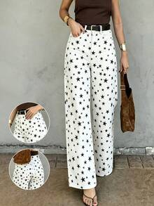 Women White Straight Jeans Star Print Loose Wide Leg Jeans Vintage Hot Girl Vacation Streetwear, Summer Fall - White - View 1