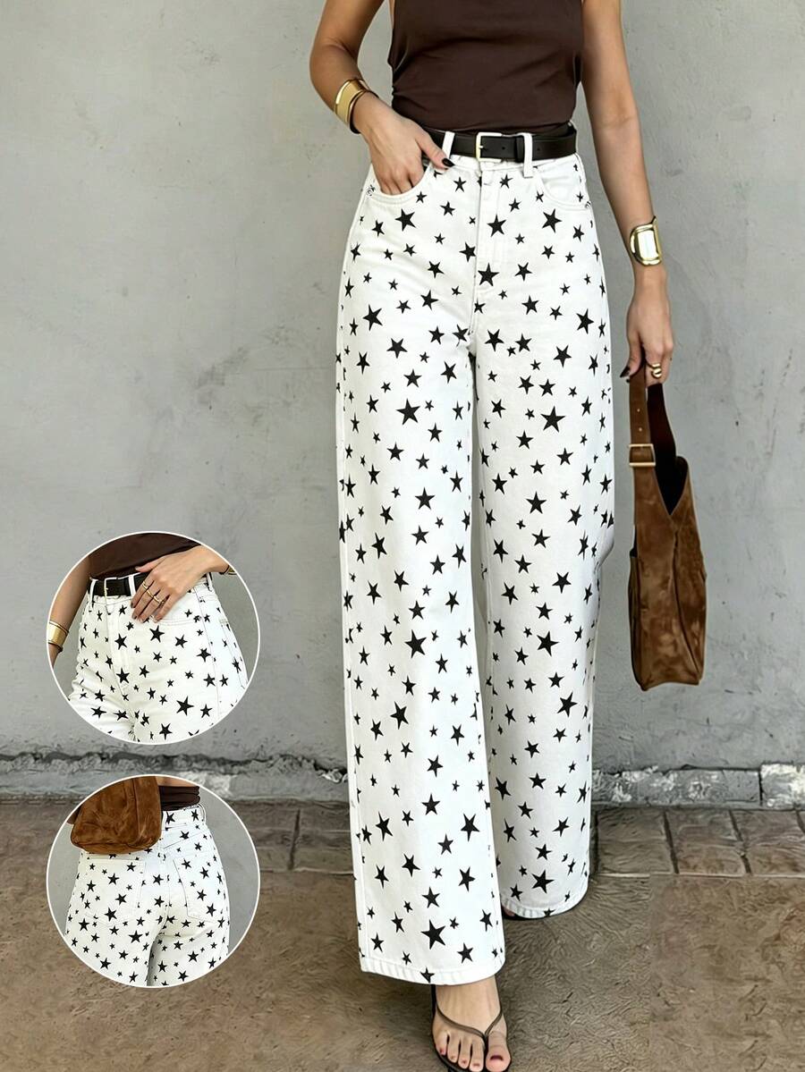 Women White Straight Jeans Star Print Loose Wide Leg Jeans Vintage Hot Girl Vacation Streetwear, Summer Fall - White - View 1